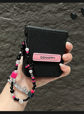 OU【小众黑色细闪粉猫咪手链条】适用于摩托罗拉Razr60/50ultra折叠屏手机壳新款时尚网红翻盖防摔保护套男女