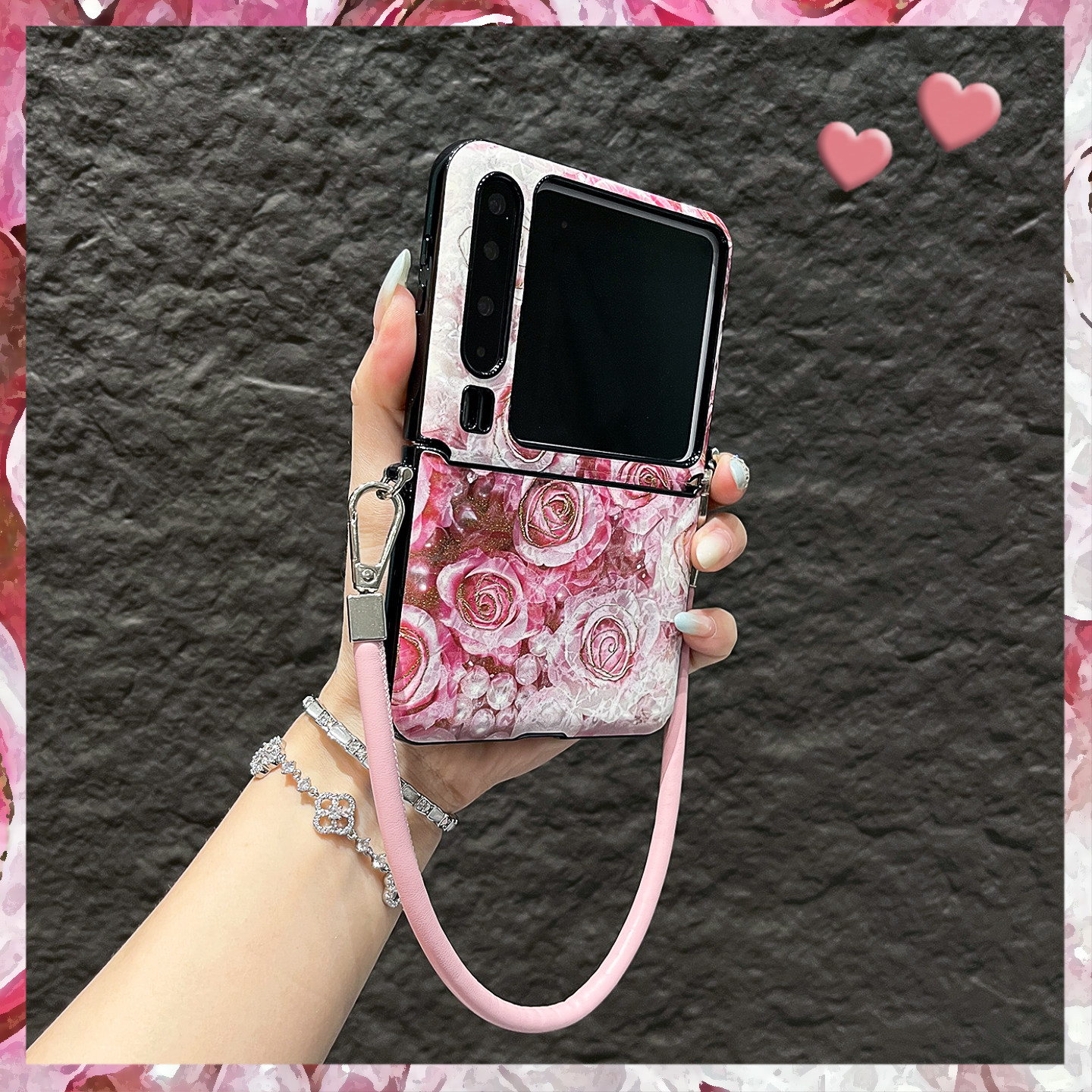 OU【网红粉色烫金珍珠玫瑰皮质手提绳】适用于华为Purax/P50pocketS折叠屏手机壳新款侧扣翻盖防摔保护套男女