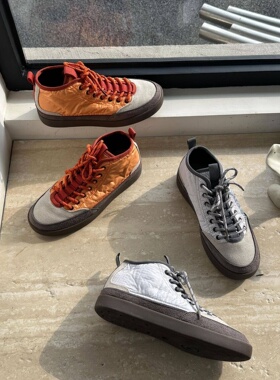 韩国真皮中高帮橙色拼接德训鞋女2026春季低跟系带户外休闲帆布鞋