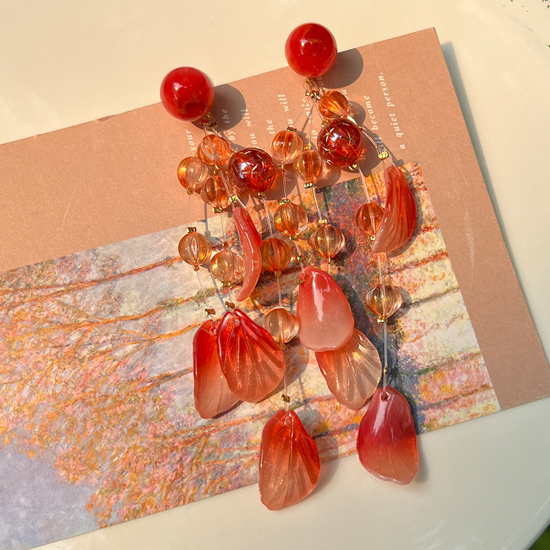 悦己||橘色长款流苏夸张耳饰女独特漂亮耳环高级感耳钉无耳洞耳夹