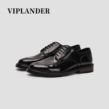 viplander 秋季新款植鞣牛皮英伦商务休闲手工低帮系带德比皮鞋男