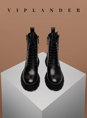 viplander 情侣款女靴真皮双拉链暗黑风增高厚底马丁皮靴高帮靴女