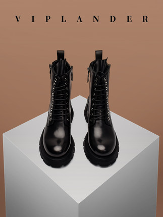 viplander 情侣款女靴真皮双拉链暗黑风增高厚底马丁皮靴高帮靴女