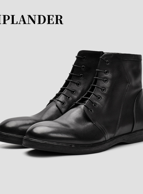 viplander 真皮手工高帮马丁短靴商务休闲复古做旧侧拉链雕花皮靴