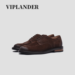 viplander 春款手工真皮英伦复古休闲反绒皮鞋坦克头系带德比鞋男