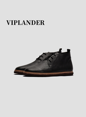 viplander 新款高帮摔纹皮靴英伦休闲男士烟胶软底黑色马丁短靴子
