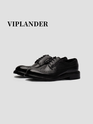 viplander 真皮植鞣牛皮手工皮鞋布洛克雕花英伦德比鞋男士正装鞋