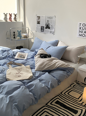 ins纯棉全棉四件套床品套件蓝色被套床单枕套宿舍三件套四季通用4