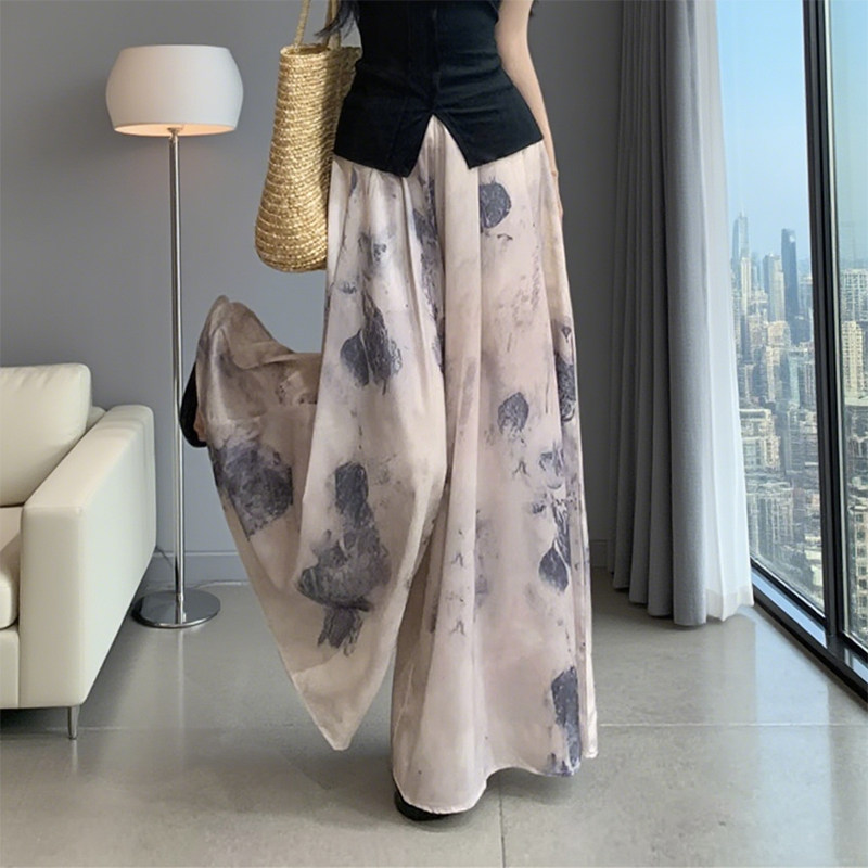 F水墨画裙裤大码大摆裙中长款A字高腰法式垂感显瘦宽松夏季女休闲