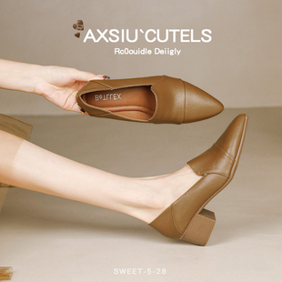 尖头粗跟复古百搭舒适软底真皮女鞋 头层牛皮／3.5cm跟5cm新款 时尚