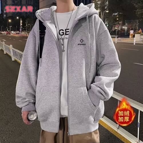 RPOPRER重磅连帽开衫卫衣男生宽松秋冬款加绒拉链外套男百搭纯色