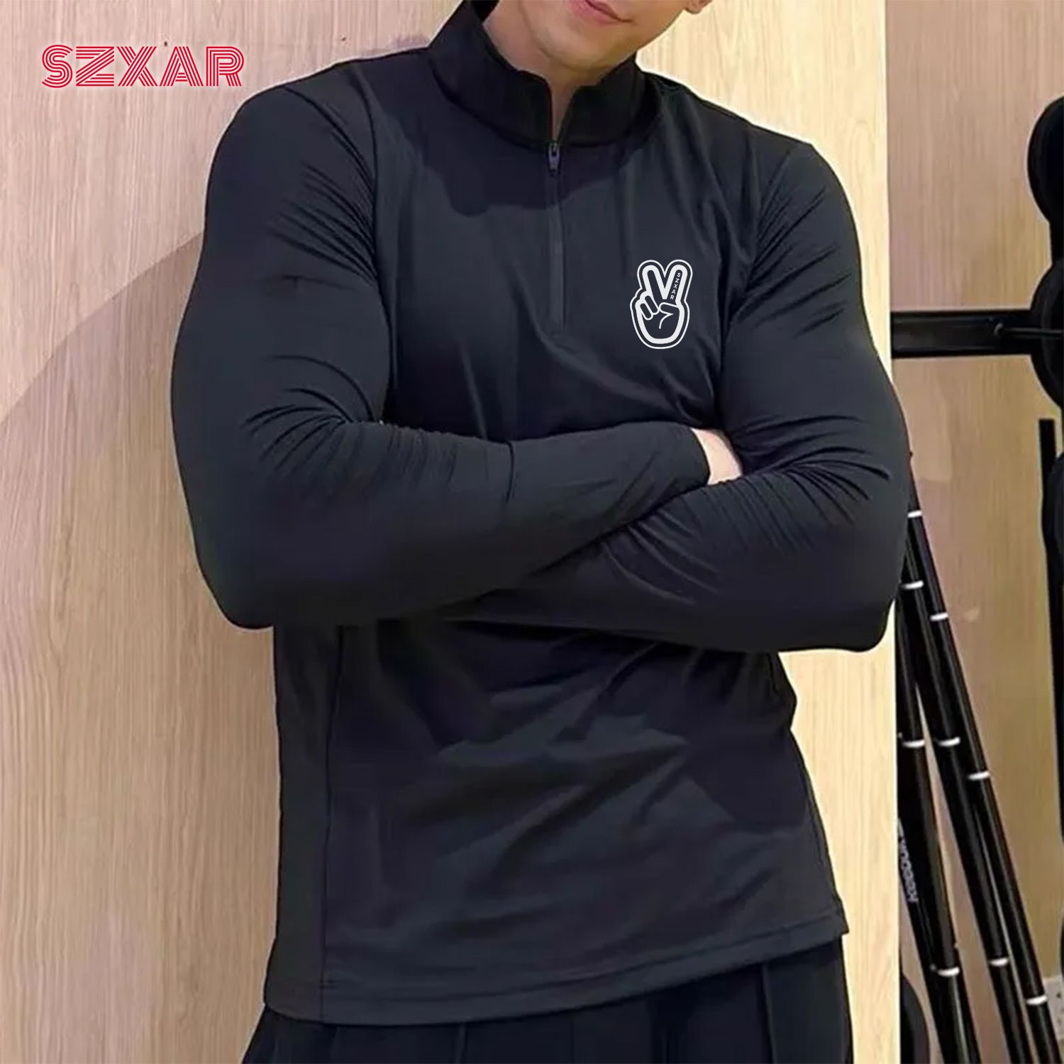 SZXAR运动长袖紧身衣男训练半拉链跑步健身户外登山轻薄透气速干