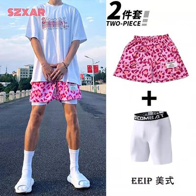 潮牌豹纹假两件美式短裤男运动训练速干带内衬篮球裤四分不过膝夏