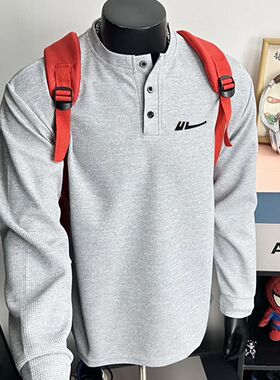 HL灰色亨利领长袖t恤男春秋美式正肩内搭打底衫华夫格卫衣