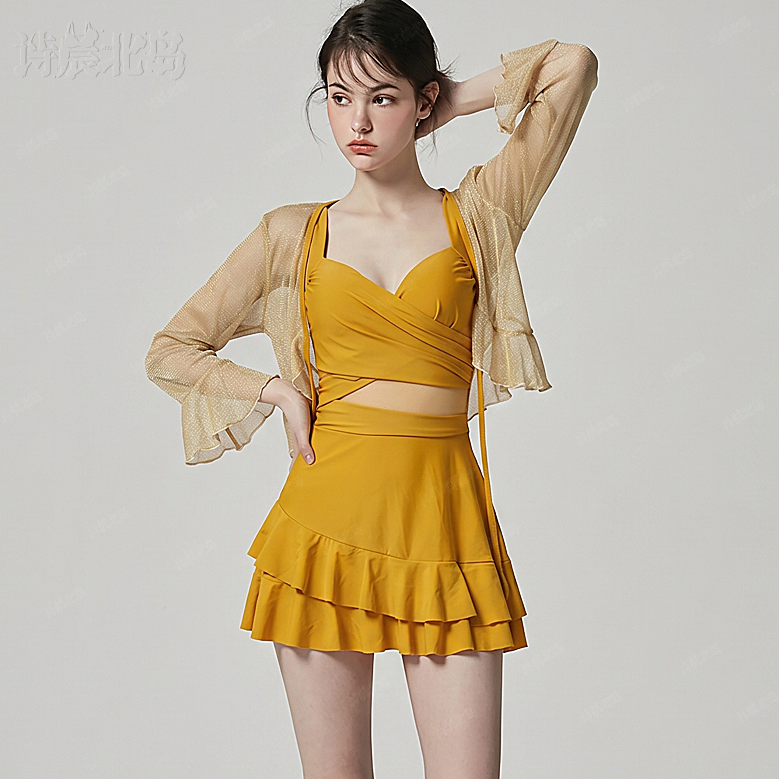 连体泳衣女姜黄色游泳衣女连体裙式小胸大胸清新聚拢保守显瘦遮肚