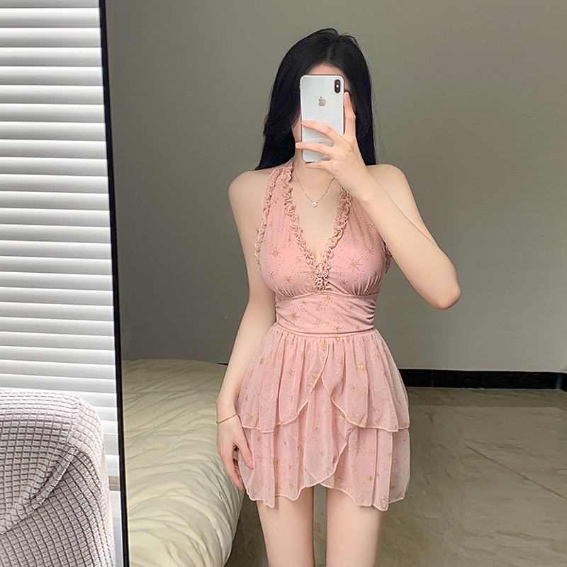 粉色泳衣女士款夏挂脖连体裙式V领性感露背高级感2025年新款泳衣