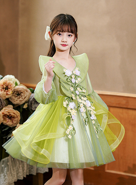 儿童礼服公主裙女童蓬蓬裙小主持人绿色长袖演出服幼儿园表演裙子