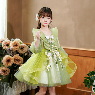 演出服幼儿园表演裙子 儿童礼服公主裙女童蓬蓬裙小主持人绿色长袖