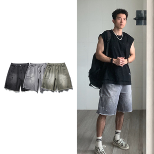 黑子舞想美式街头复古工装破洞短裤装饰宽松休闲五分裤子夏季潮流