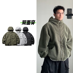 黑子舞想冬款日系复古宽松两面穿棉服男纯色格纹装饰连帽棉衣外套