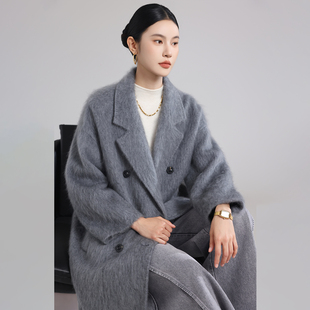 25秋冬新款双面羊毛拉绒大衣女中长款纯羊毛西装领宽松毛呢外套