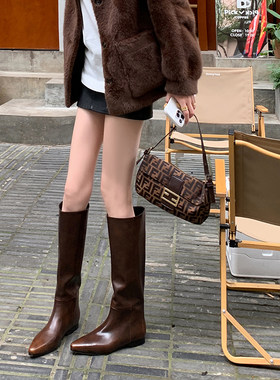 晨萱真皮尖头高跟长靴女