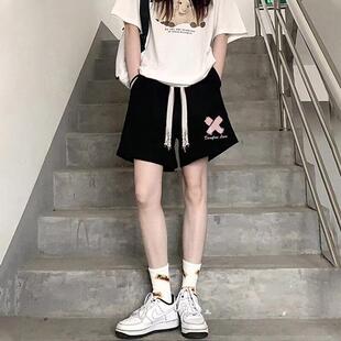 运动短裤女夏季薄款宽松高腰显瘦休闲黑色美式百搭直筒bf风五分裤
