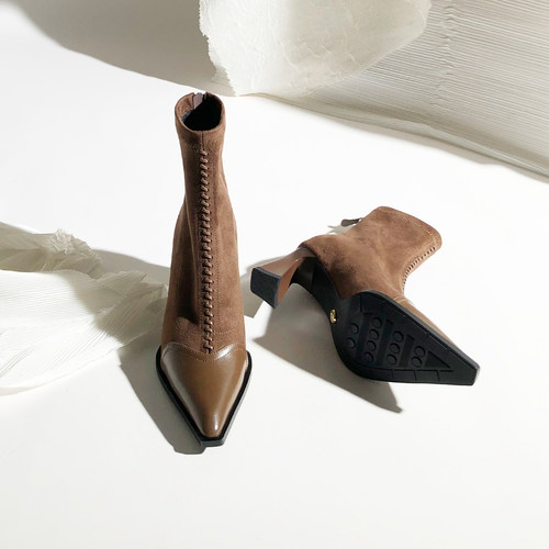 韩版尖头短筒拼接后拉链弹力靴