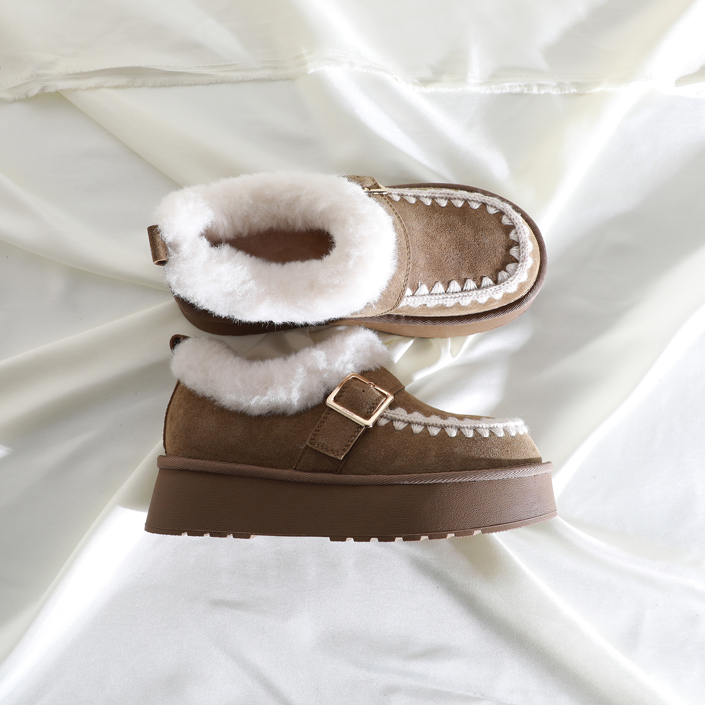 时尚圆头深口刺绣皮带长绒毛毛鞋