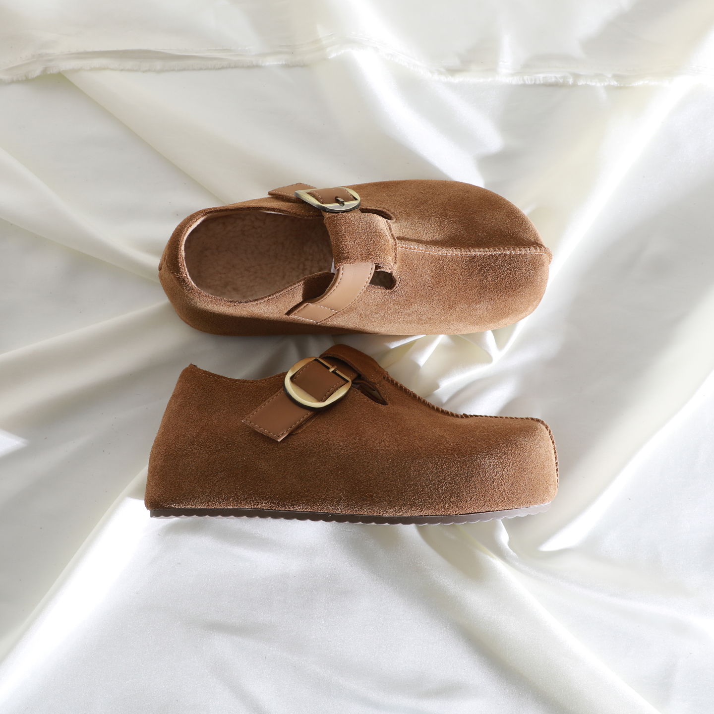 简约圆头深口拼接皮带扣勃肯鞋