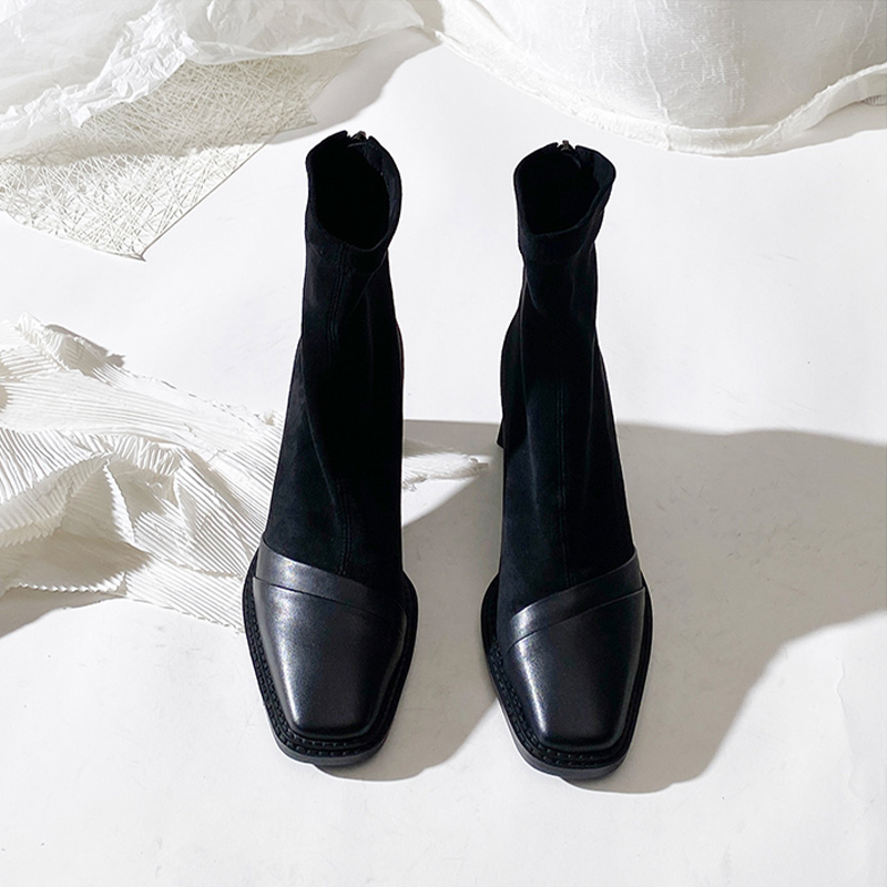 莲花府邸时尚时装靴粗跟拼接