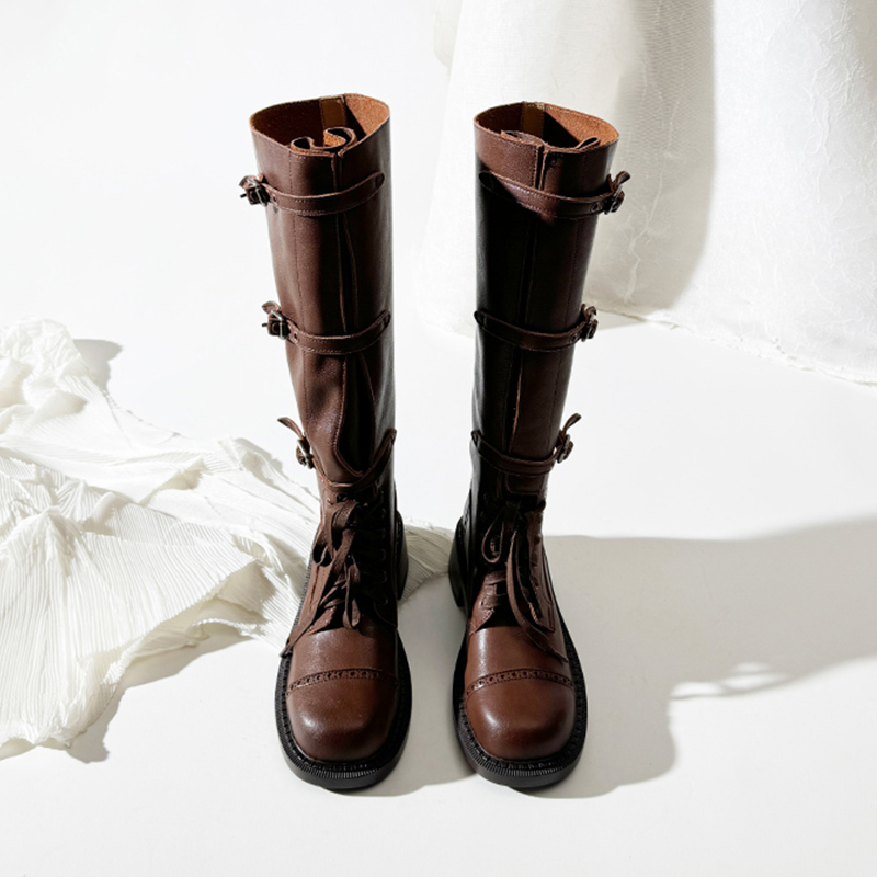 莲花府邸骑士靴粗跟英伦