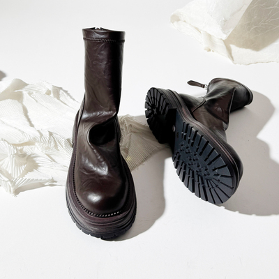 英伦圆头短筒后拉链弹力靴粗跟