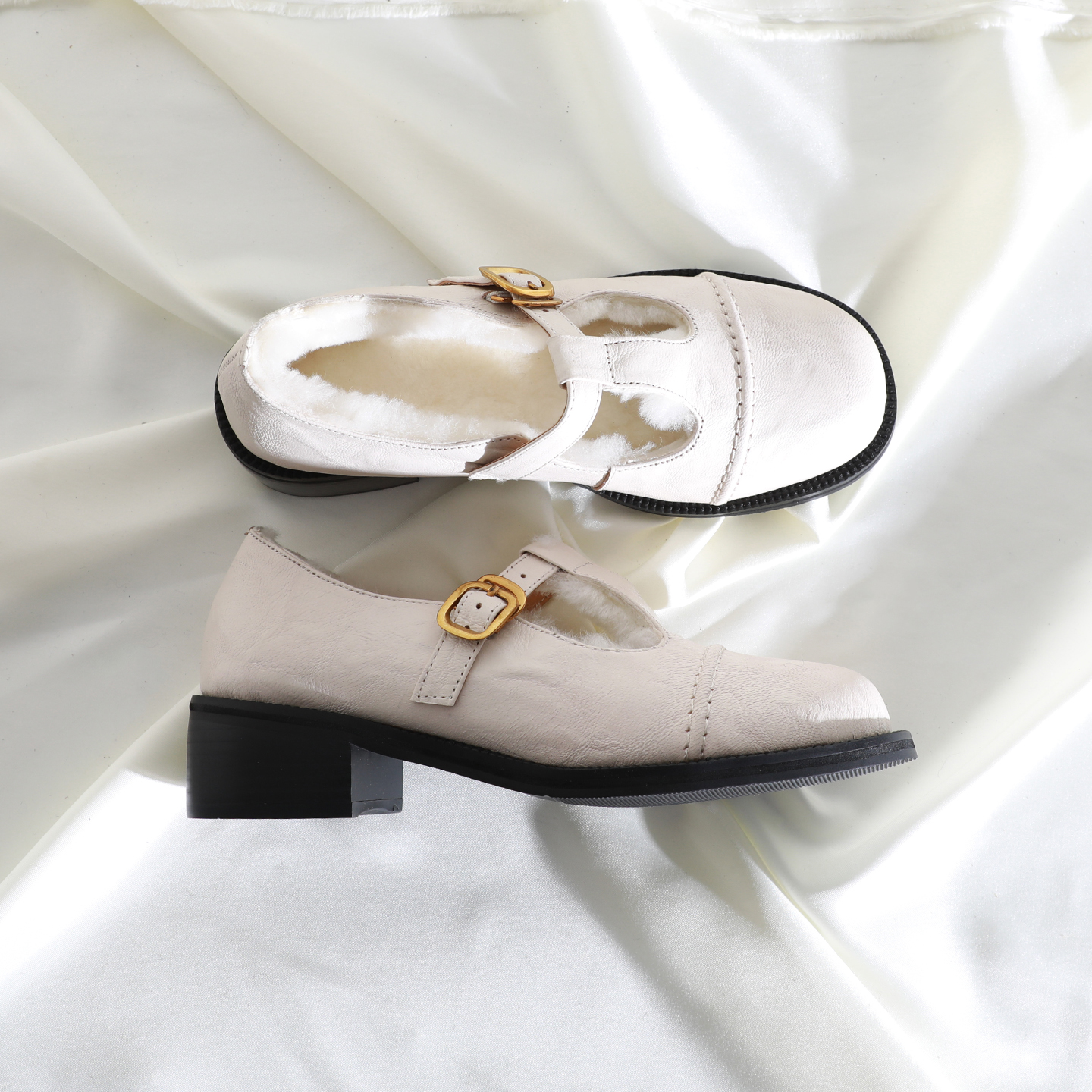 复古圆头深口丁字扣长绒毛毛鞋