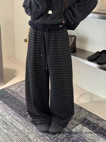 罗曼维2025冬新款松紧高腰抽绳条纹休闲裤女懒人遛弯裤阔脚裤加绒