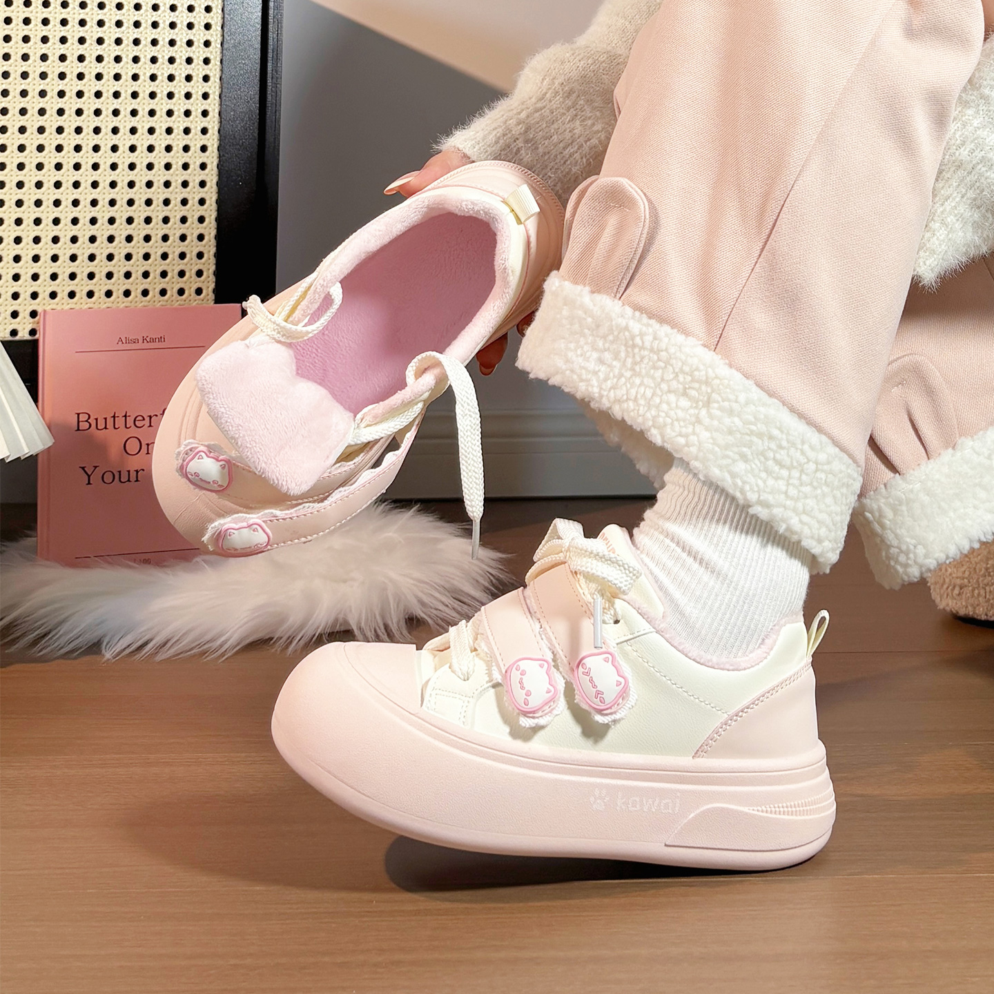 人本加绒加厚小白鞋2025冬季新款