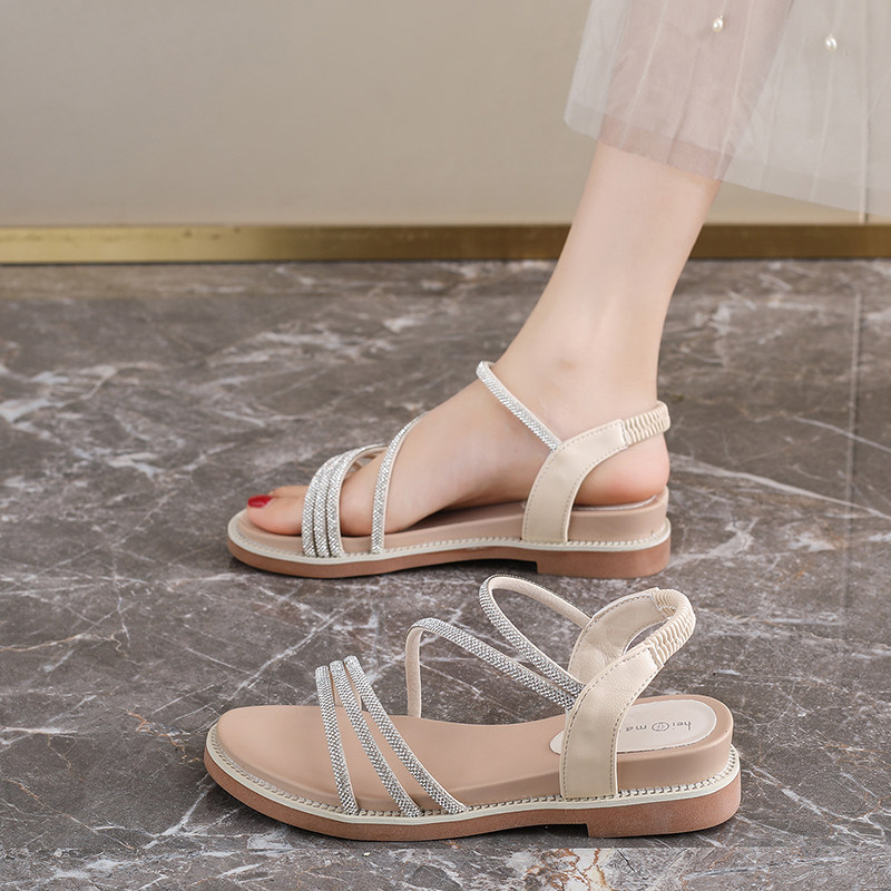 罗马凉鞋松紧带高级感仙女风百搭简约女夏平底低跟通勤罗马鞋气质