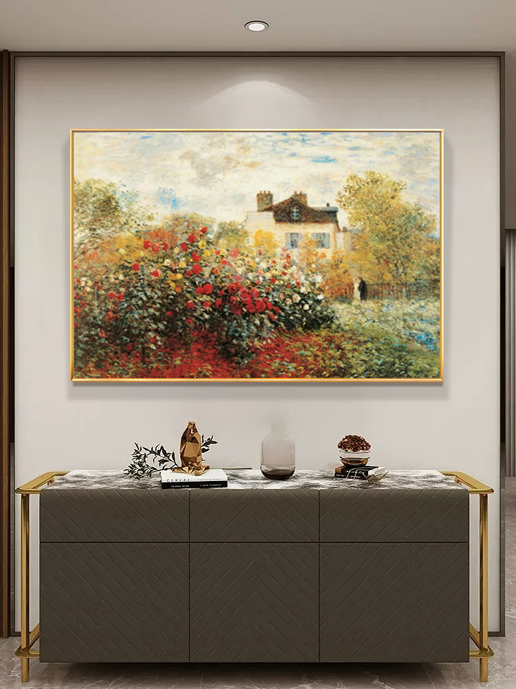 手绘油画莫奈玫瑰花园名画玄关装饰画现代客厅背景墙抽象艺术挂画