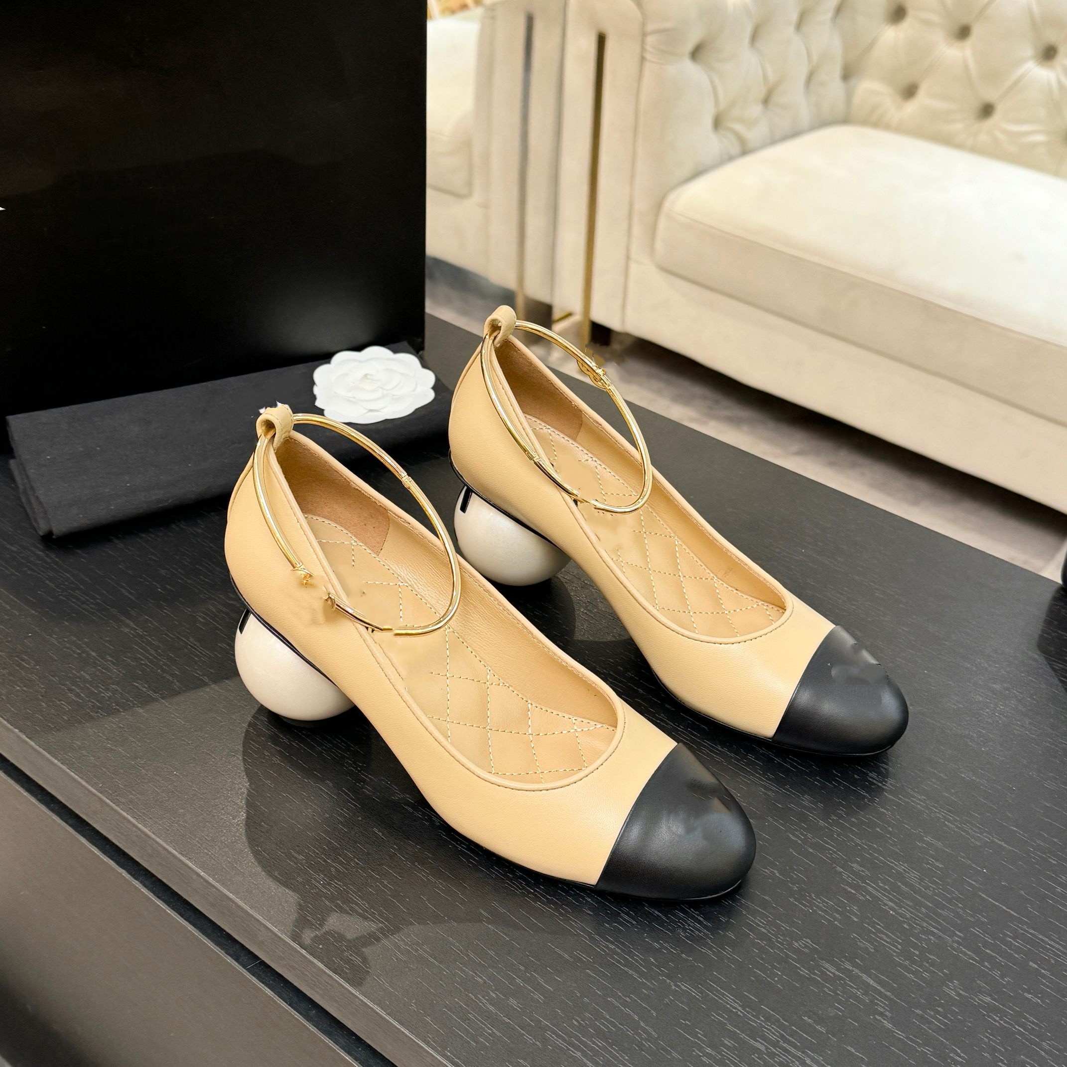 一字带拼色浅口百搭粗中跟女鞋