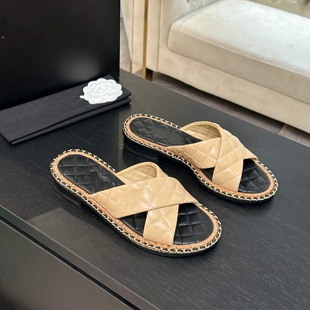 2025夏季 新款 真皮圆头粗跟交叉带凉鞋 女外穿增高链条一脚蹬女拖鞋