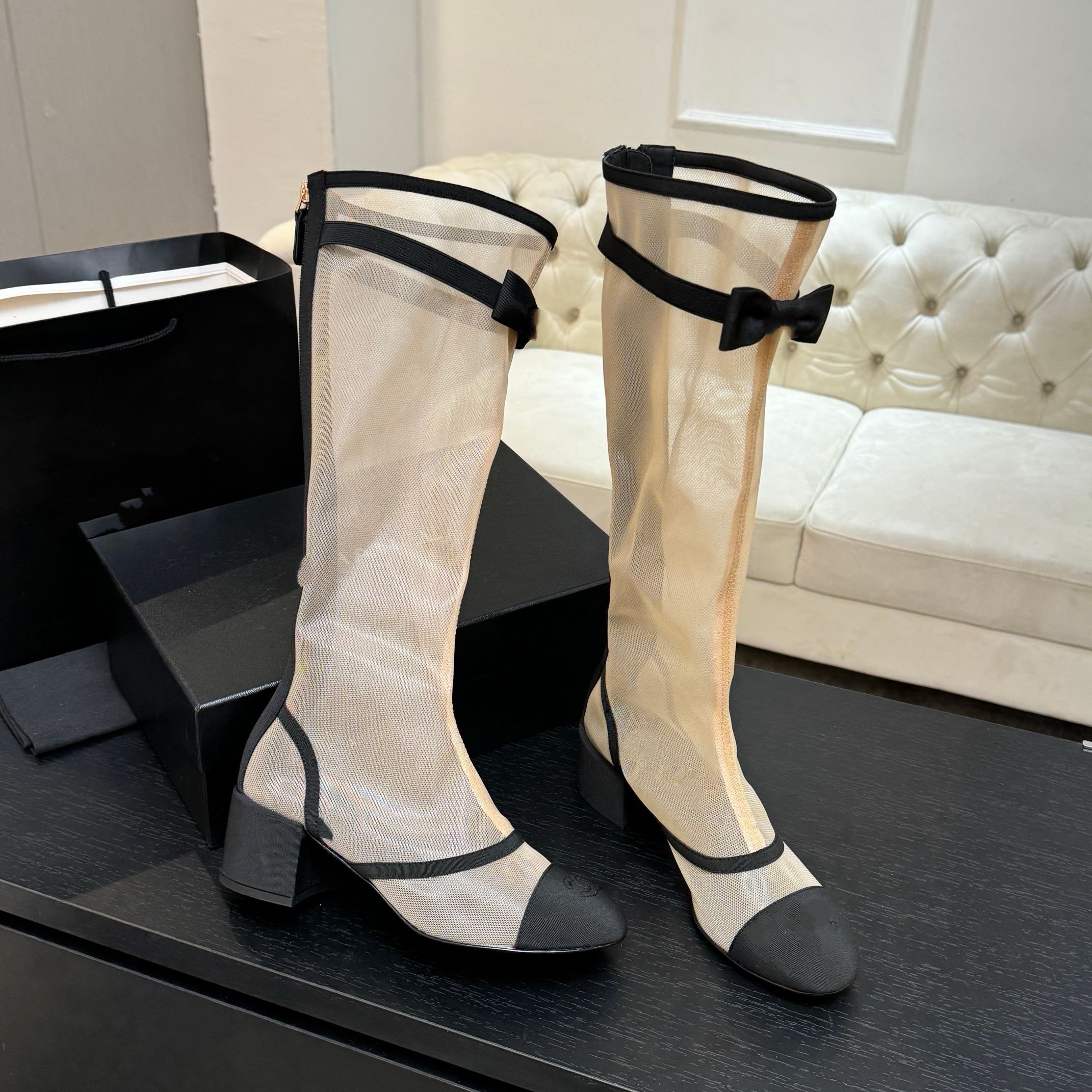 2026小香风蝴蝶结网纱拼色高筒靴女粗跟时尚百搭低跟中跟时装女靴,女鞋,时装靴,淘宝优惠券,粉丝福利购,淘宝优惠卷