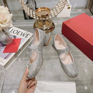 2025新款水钻扣玛丽珍鞋女一字带粗跟单鞋方头法式平底芭蕾舞鞋女