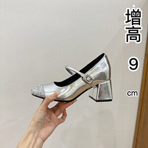 2025早春新款时尚内增高女鞋一字带银色亮片玛丽珍浅口气质高跟鞋