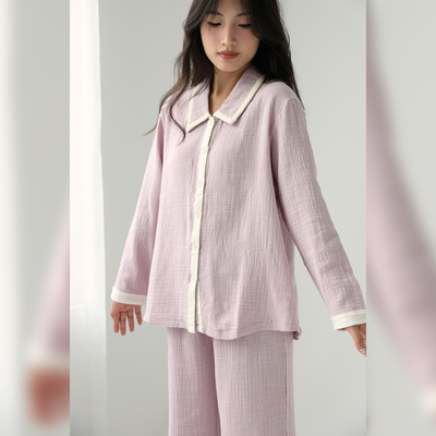 纯棉紫色睡衣套装女柔软舒适翻领拼色后背肩褶设计长袖长裤家居服