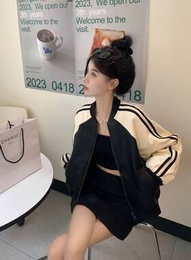 美式复古皮衣外套女秋冬宽松显瘦百搭BF风立领开衫长袖棒球服外套