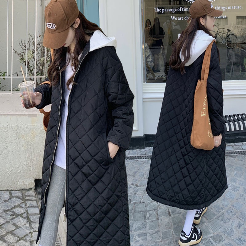 冬季大码女装胖mm宽松显瘦菱格加厚棉衣长款连帽拼色羽绒棉服外套