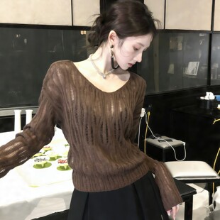 韩系穿搭V领镂空针织衫罩衫春装女款2026新款打底内搭可外穿上衣