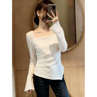 设计感方领褶皱收腰肌理感T恤女春季 胖妹妹百搭复古气质上衣 大码
