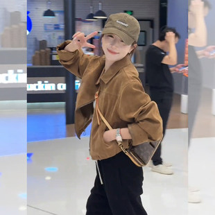 棕色小香风麂皮外套女早秋2025新款 休闲夹克机车服上衣 小个子短款