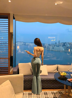 ACHI大也池天丝棉丰胯蓝色水洗牛仔裤女高腰微喇长裤修身提臀裤子